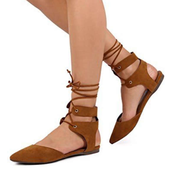 Breckelles Shoes - Breckelles Pointy Toe Lace Up Gladiator Flat Mule